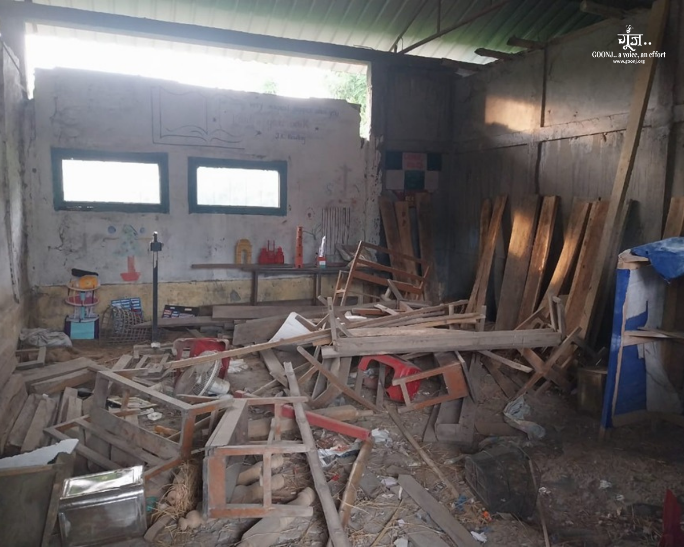 Flood-damaged school infrastructure in Majuli Damaged and broken school structure in Majuli affected by recurring floods before the library was built