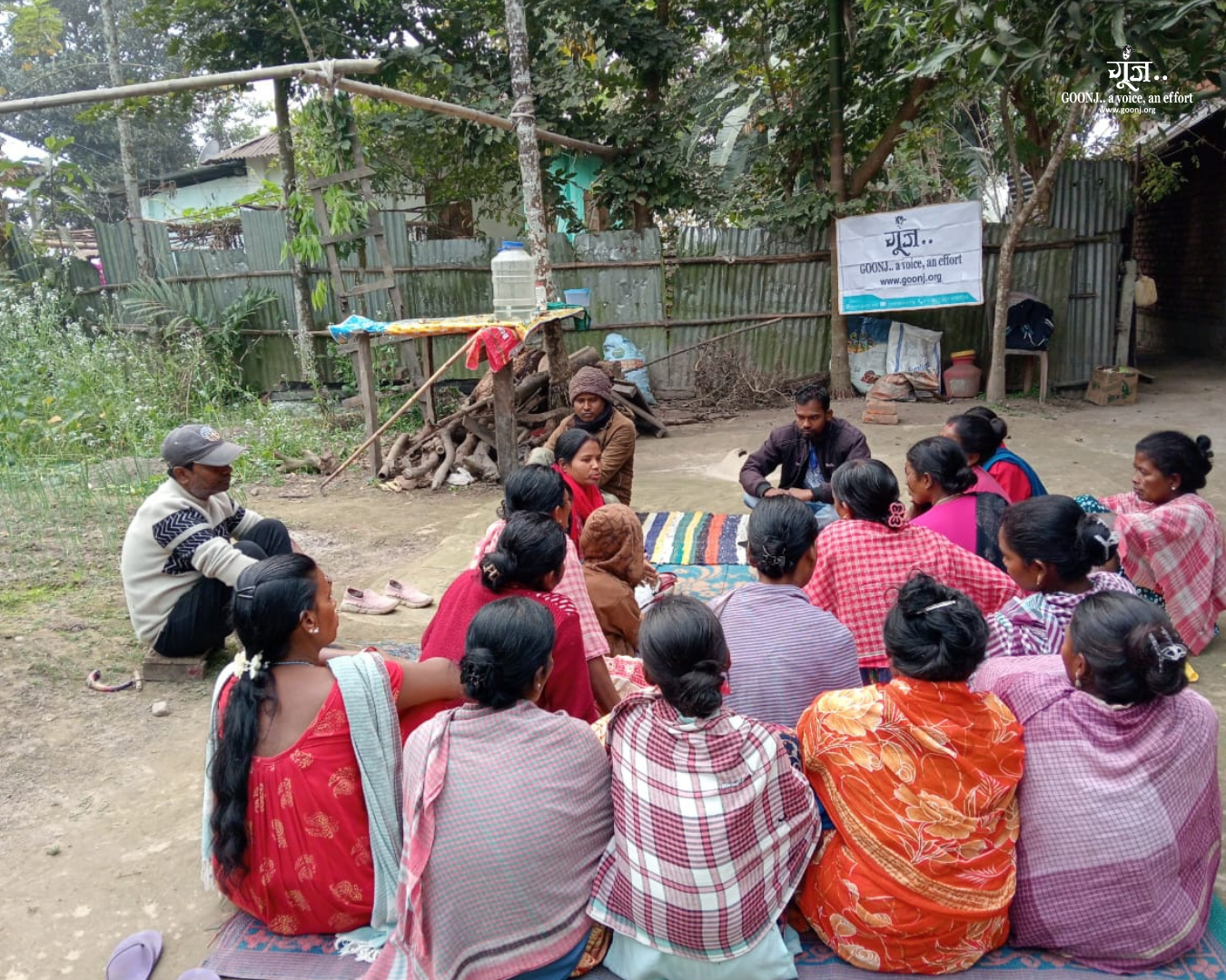 Community members and Goonj team discussing tea cultivation revival Local community members and the Goonj team in discussion about reviving tea cultivation and restoring livelihoods.