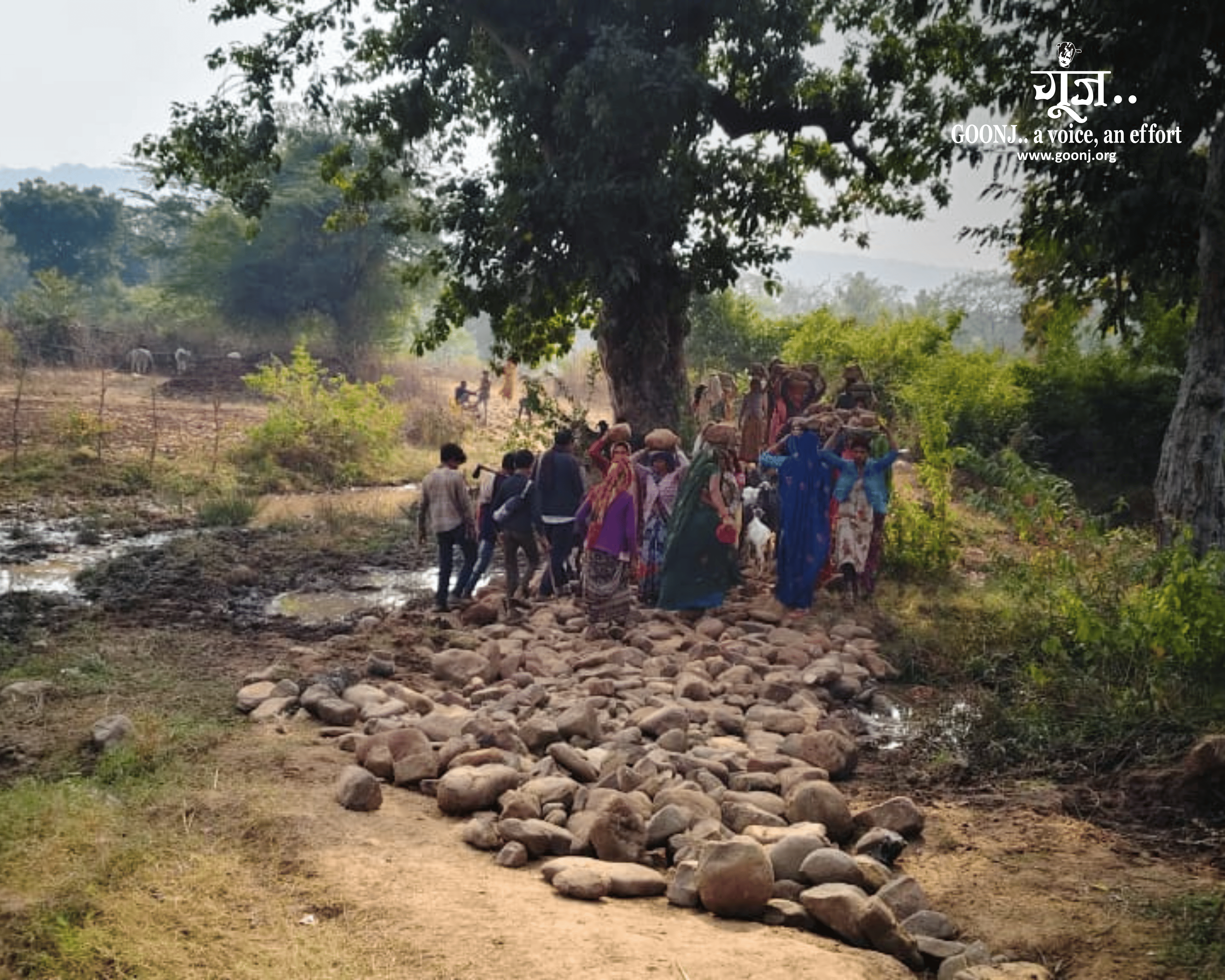 Goonj Cloth for Work initiResidents of Umripurwa carry stones from a river nearly 200 metres away to build the check dam.ative empowering communities to build their own gathering spaces